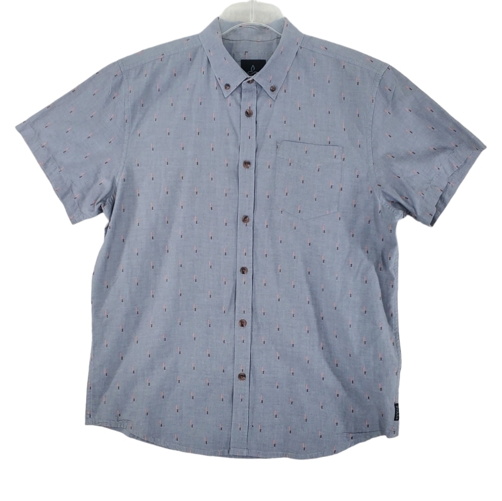 Prana Shirt Organic Cotton Button Up Mens L Gray SS Geometric AOP Outdoor